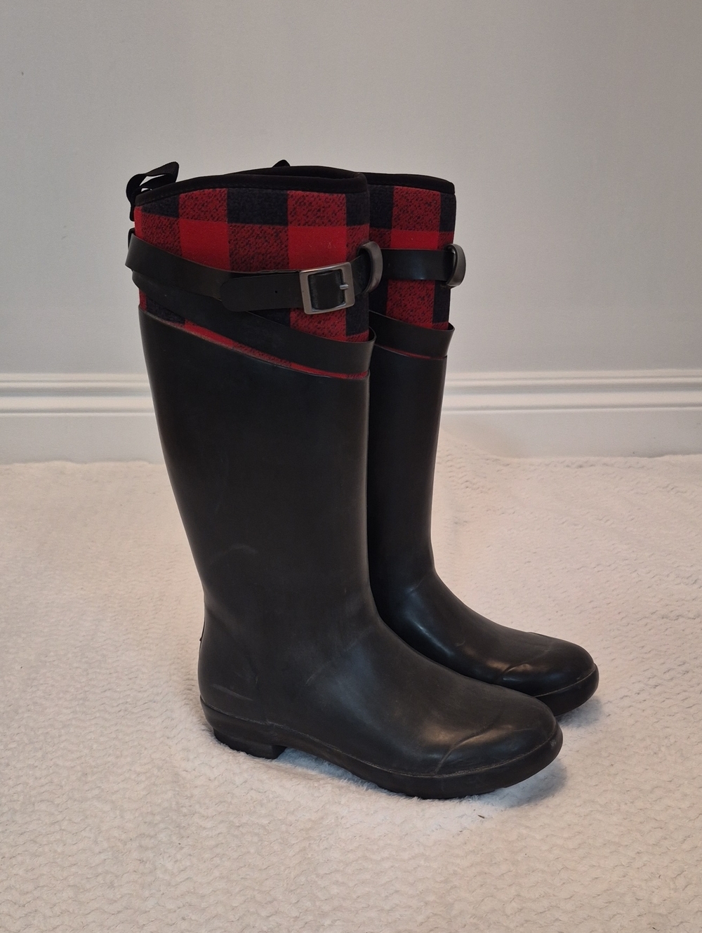 Women's Black Rain Boots with Red Plaid Cuff and Adjustable Buckle